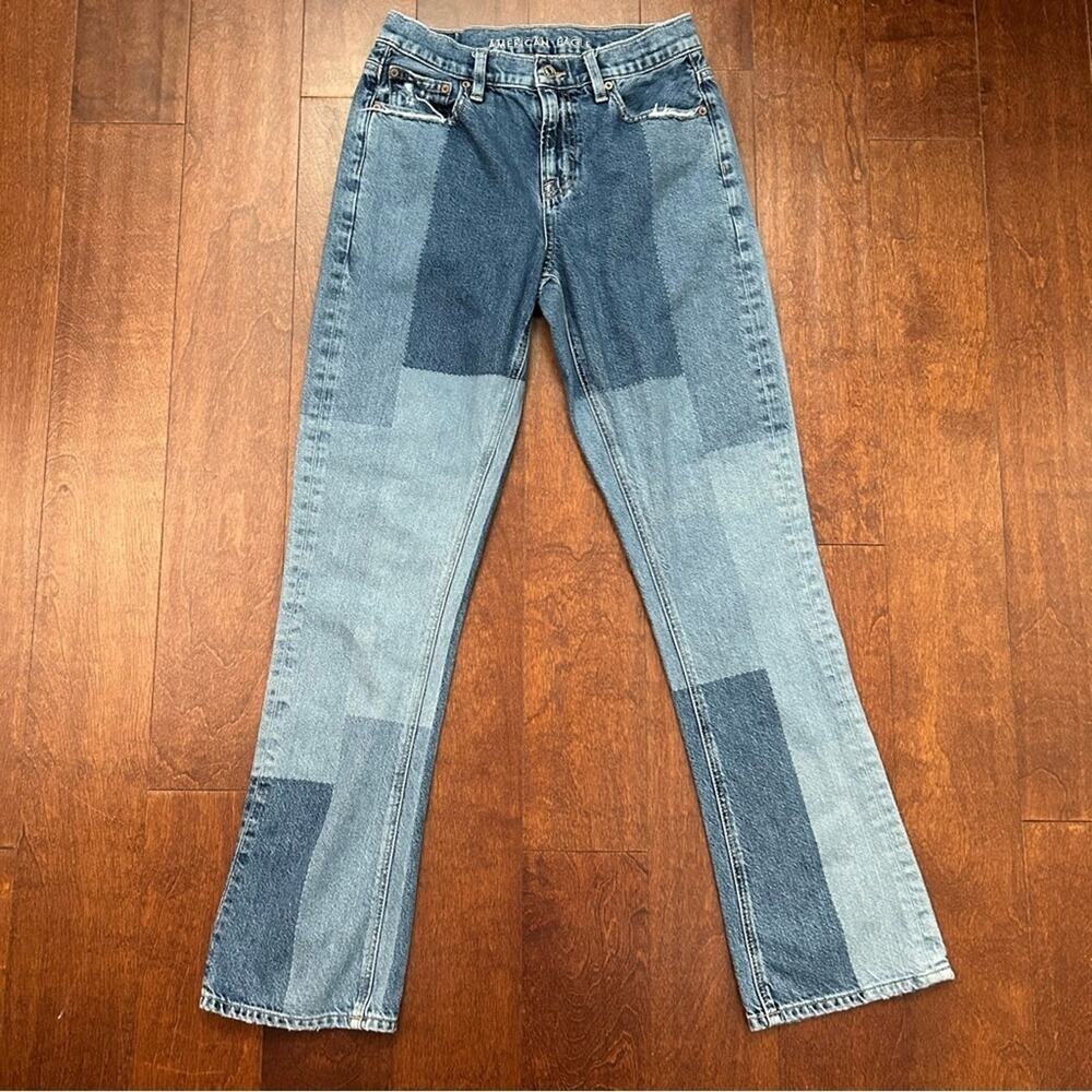 American Eagle 90s Bootcut Patchwork Pattern Blue Jeans, Size 0